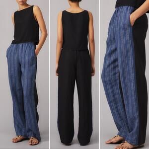 Tory Burch Pants 100% Linen Blue Striped Front Solid Back Relaxed Fit Pocket NWT
